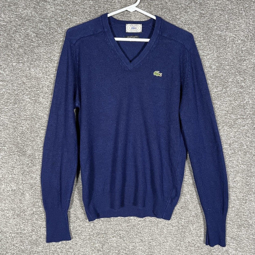 Vintage Izod Lacoste Sweater Mens Medium Blue Acrylic V Neck‎ Knit Pullover 80s